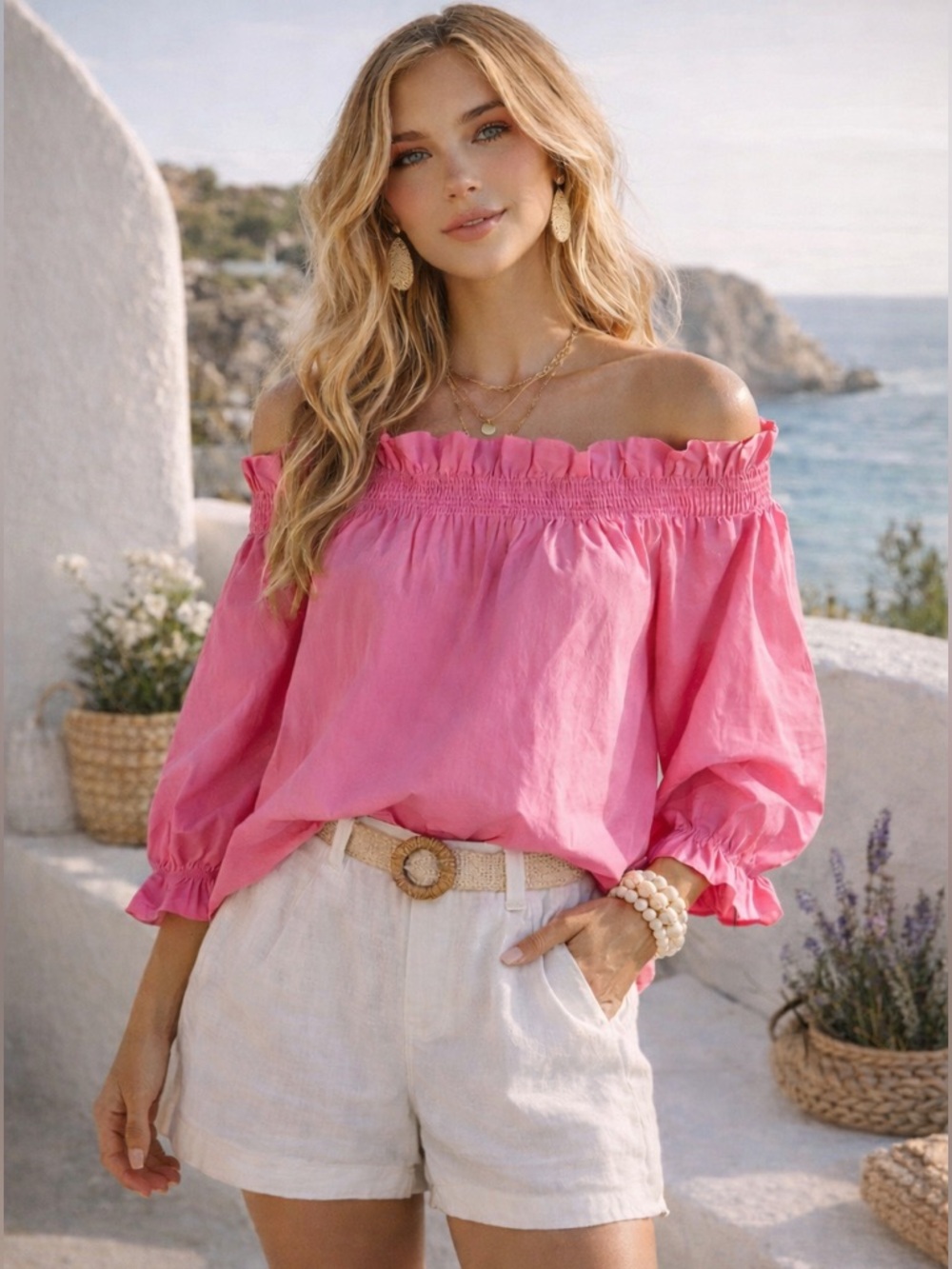 THML Pink Off-Shoulder Smocked Neck Blouse